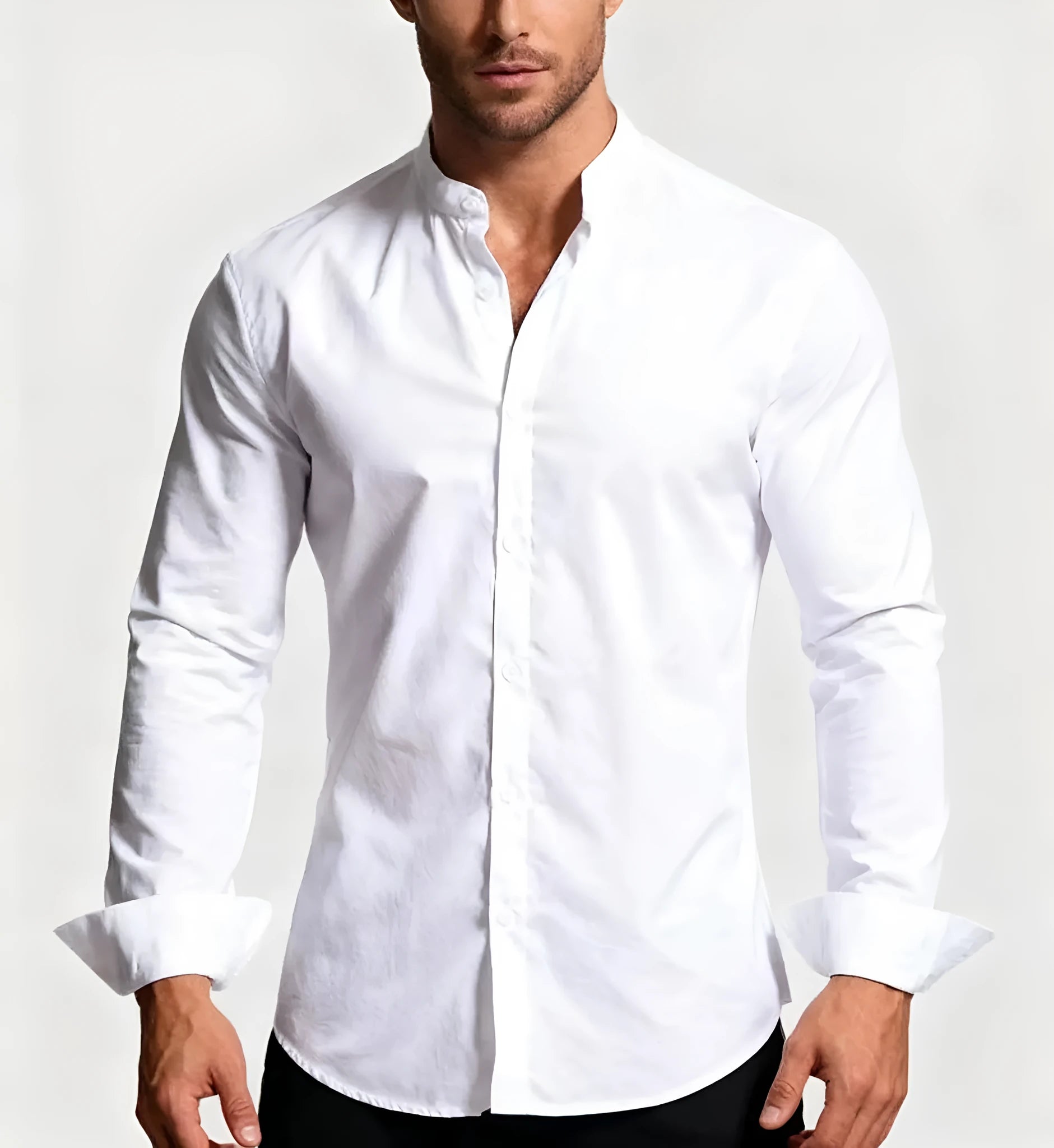 Stand-up collar white shirt for teenage men, long sleeves, slim fit, white colour