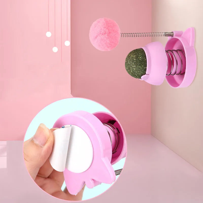 Automated lucky cat cat toy with rotating mint ball in blue, orange and pink colours