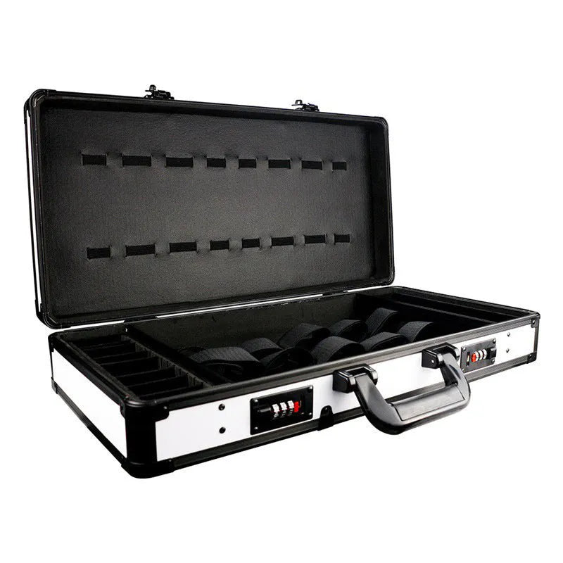 Black hard-shell PVC suitcase for storing hair styling tools like hairdryers and straighteners.