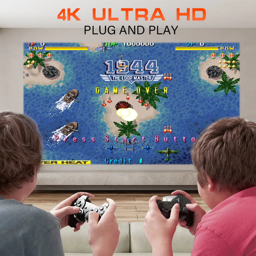 M300MAX portable projection game machine with handles in red or white packing box showing 720p HD resolution specification