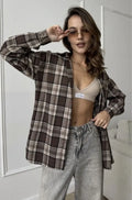 Women's dark brown striped retro shirt with long sleeves and cotton fabric