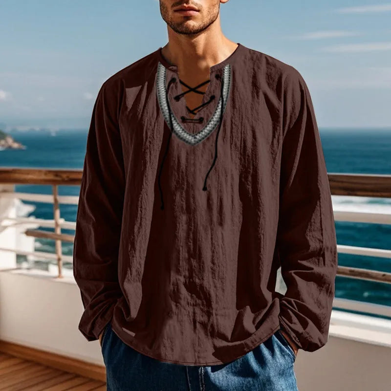 Men's cotton blend pullover retro ethnic style casual long-sleeved shirt in loose fit navy blue