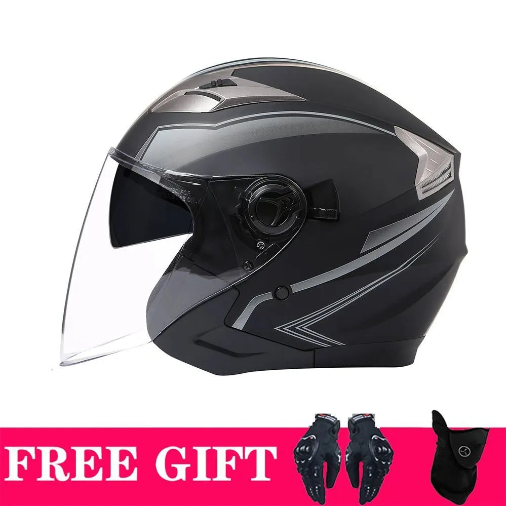 Double lens retro motorcycle helmet in matte black with ABS shell for electric motorcycle use