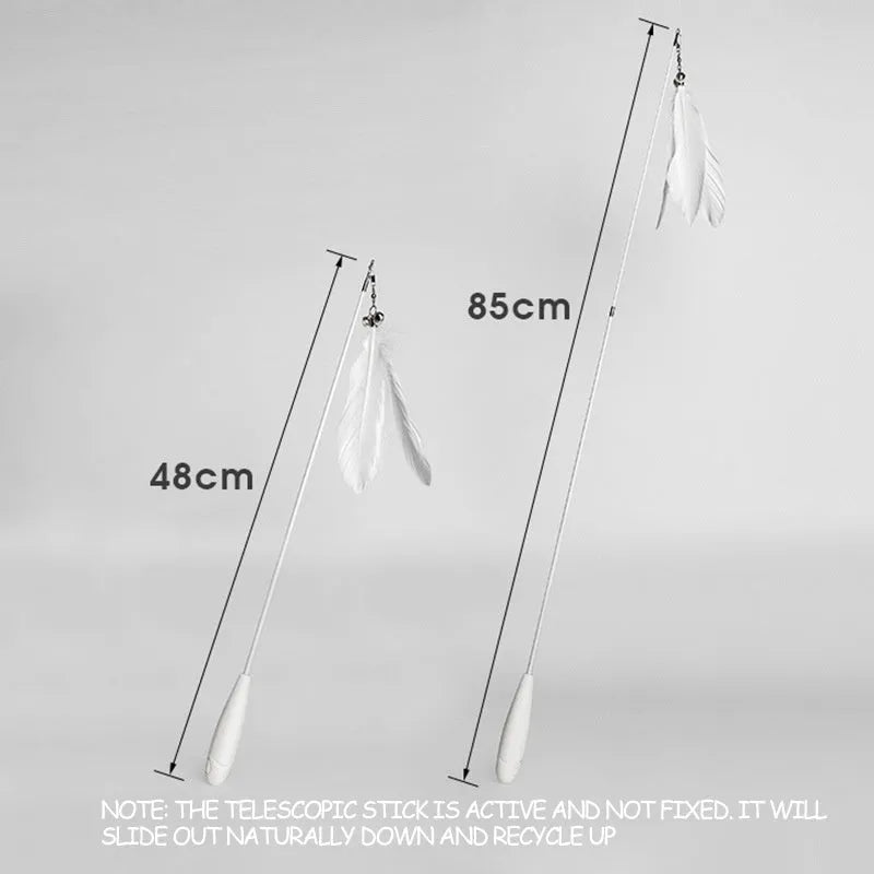 Telescopic cat fishing rod toy with goose feather attachments and a removable bell, shown extended and collapsed.