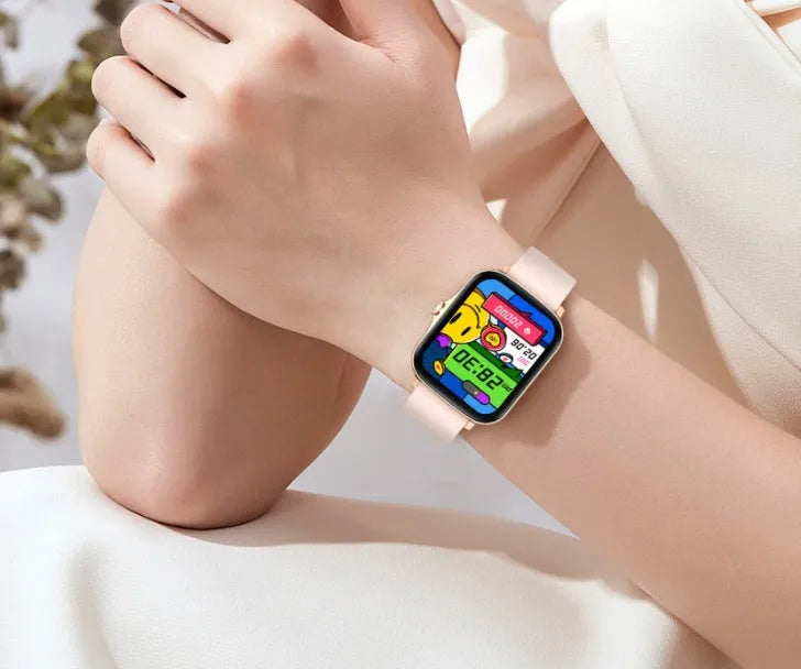 Black smart watch with 1.7-inch colour touch screen on an adjustable strap, showing fitness data interface.
