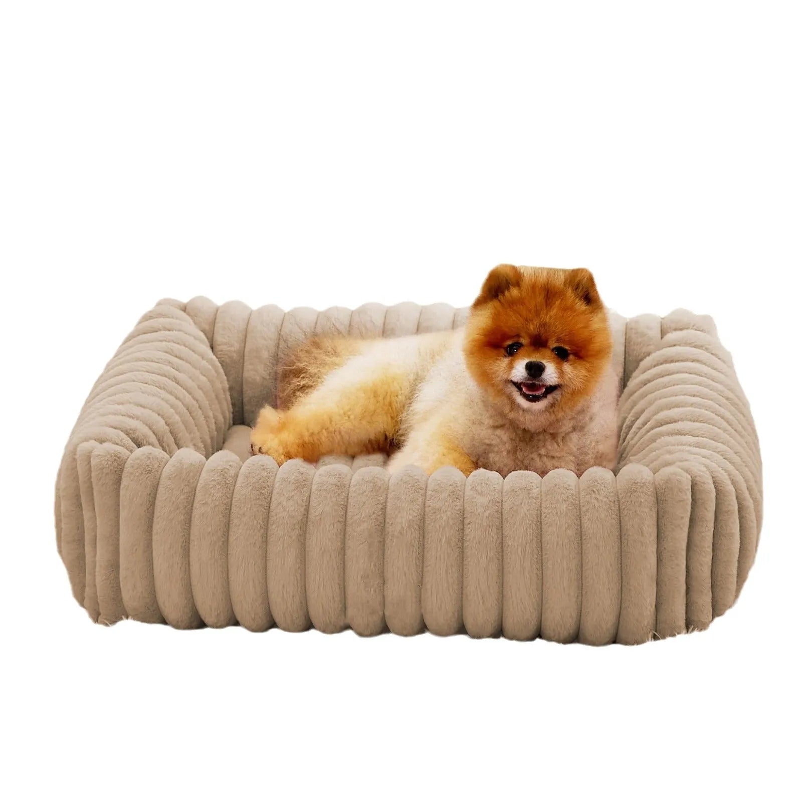 Beige raised-side pet bed for a medium-sized dog, showing padded base and supportive sides.