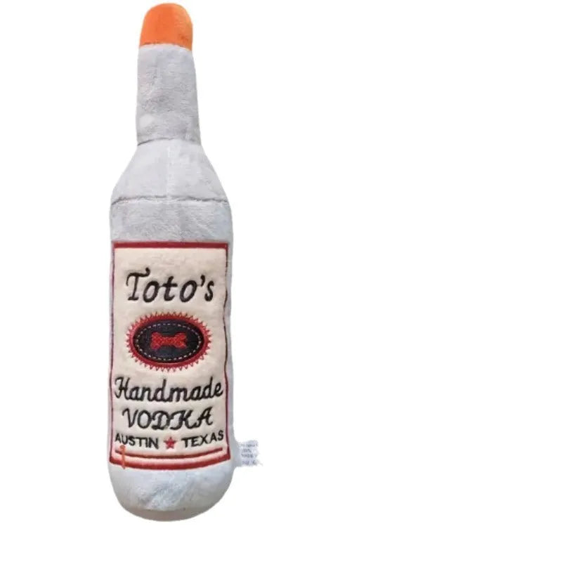 Brown plush wine bottle shaped dog chew toy for dental cleaning and interactive play