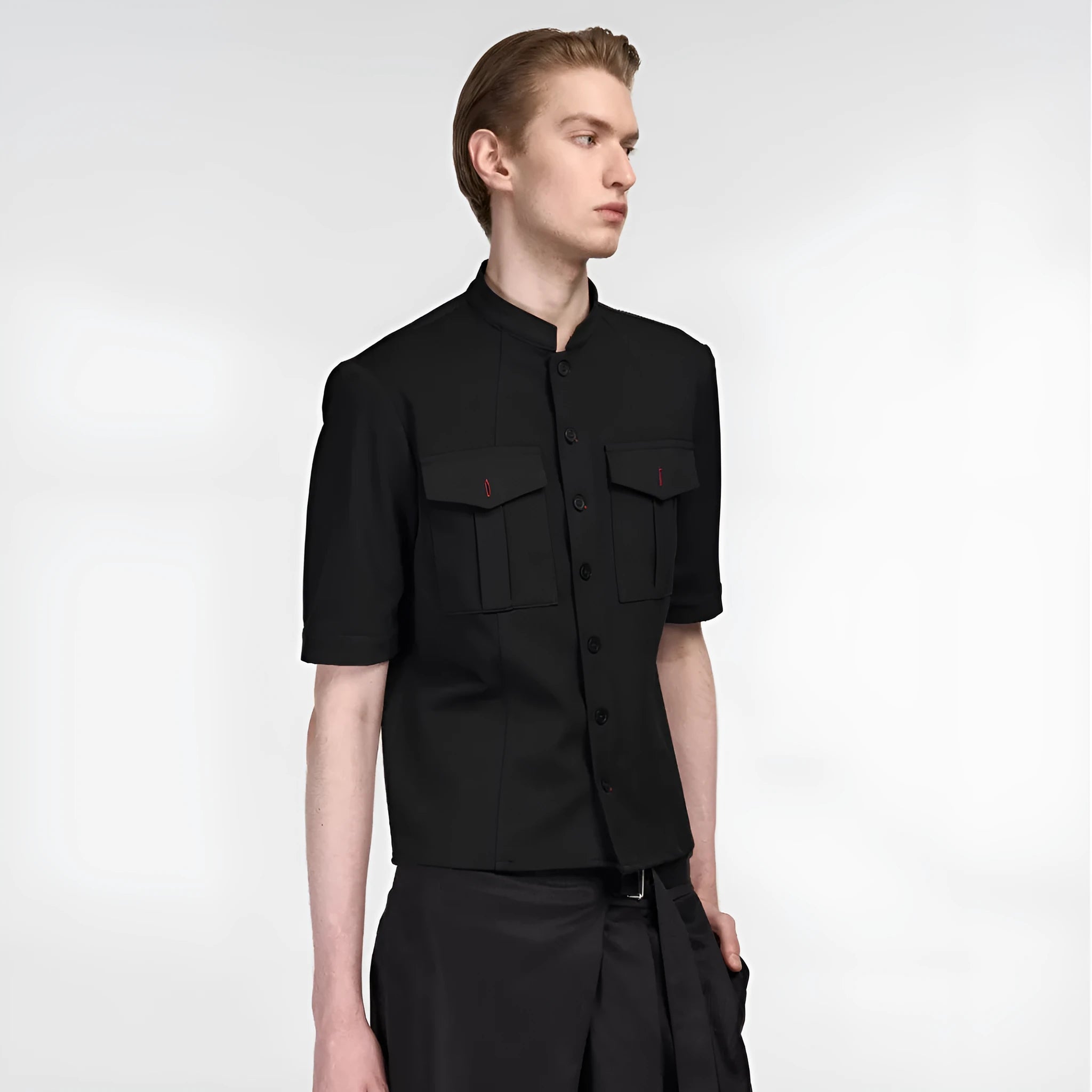 Black handmade men's loose fit half sleeve shirt with a shirt collar.