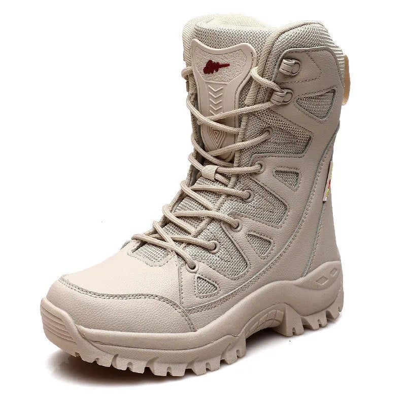 Cowhide leather hi-top hiking shoes with platform soles in beige, black or brown