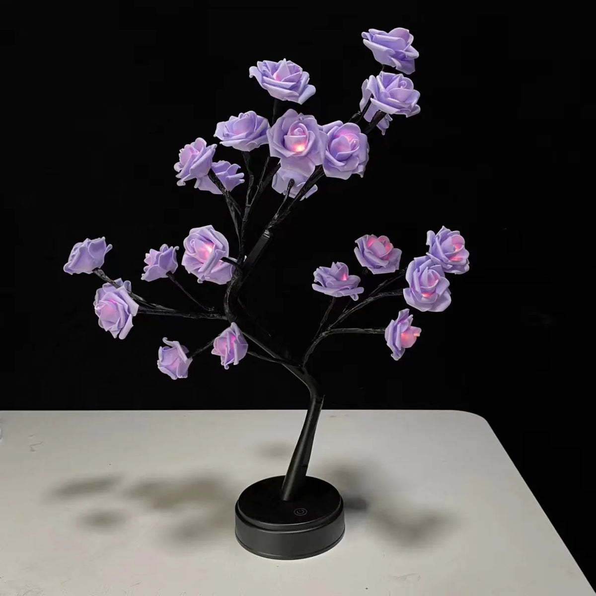 LED rose tree lamp with black tree and pink roses, compact plastic desk lamp with touch screen base