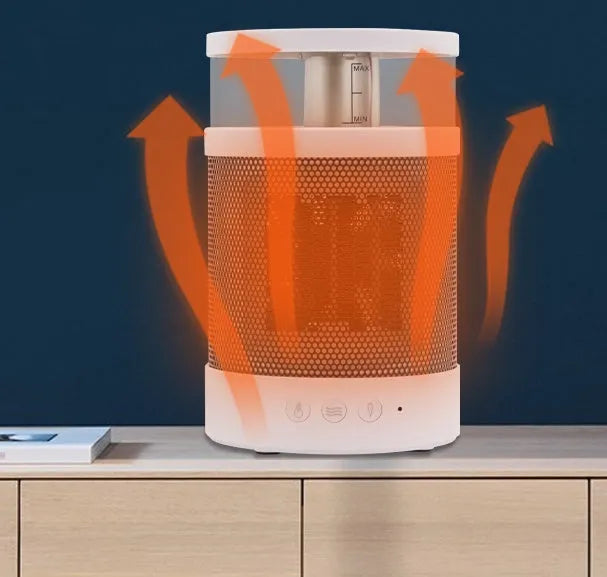 White 3 in 1 portable space heater with 400ml humidifier and colourful night light on a desk