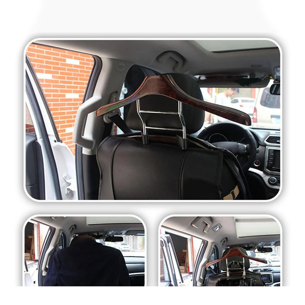 Wood yellow stainless steel car mounted clothes hanger with detachable hook for suits and shirts.
