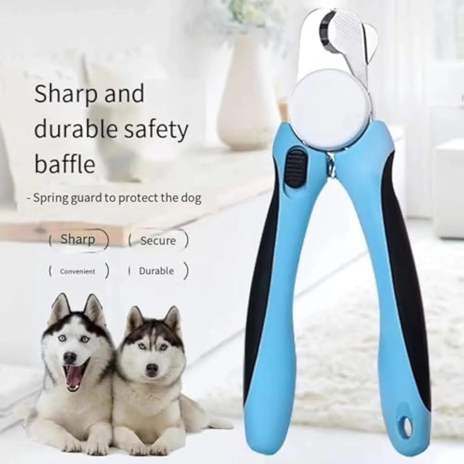Blue heavy duty dog nail clippers with safety guard for large breed thick nails on a white background.