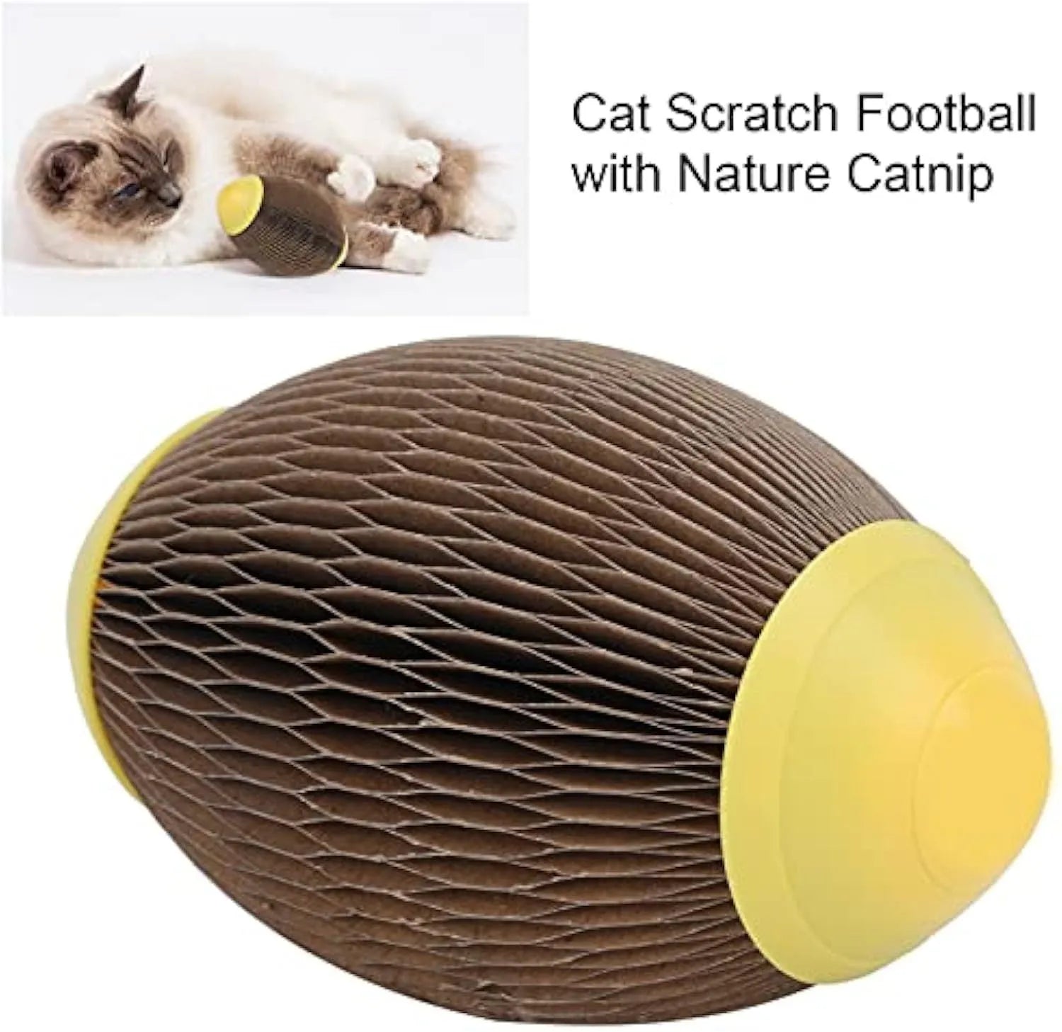 Elliptical corrugated paper catnip ball toy with scratching surface for feline play