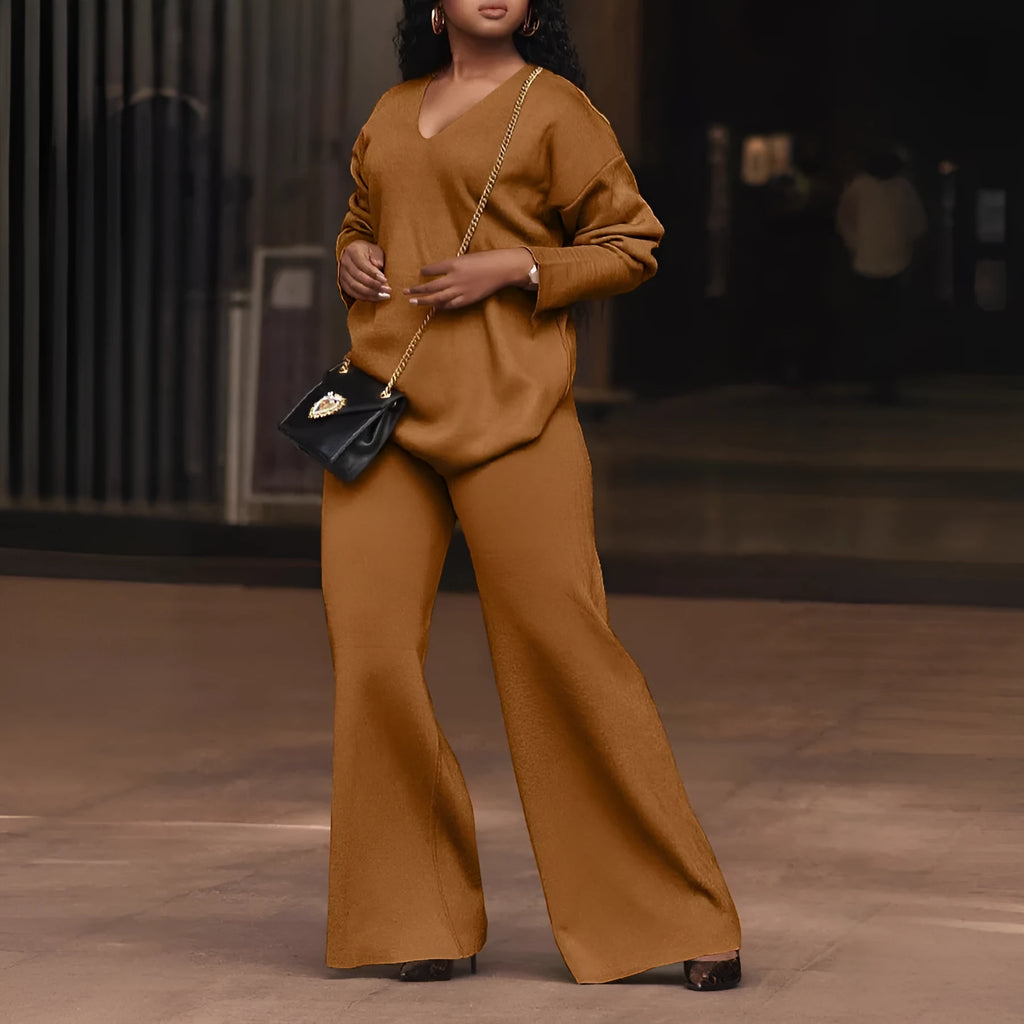 Women's brown suede two-piece casual suit with long sleeves and trousers, Japanese Korean style.