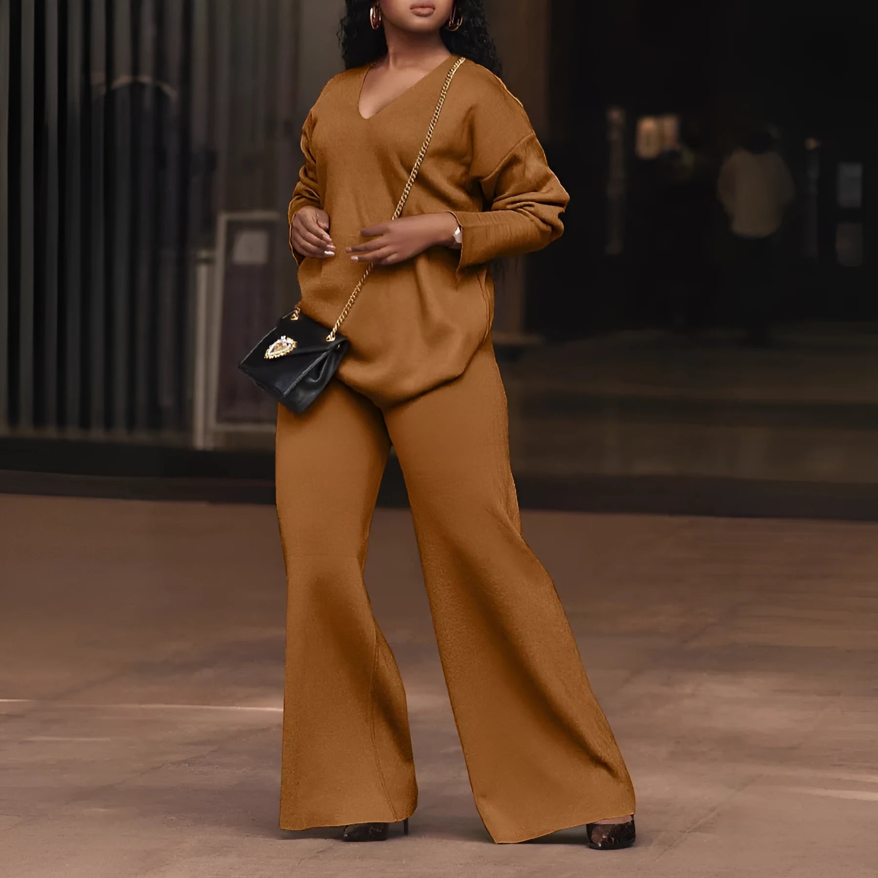 Women's brown suede two-piece casual suit with long sleeves and trousers, Japanese Korean style.