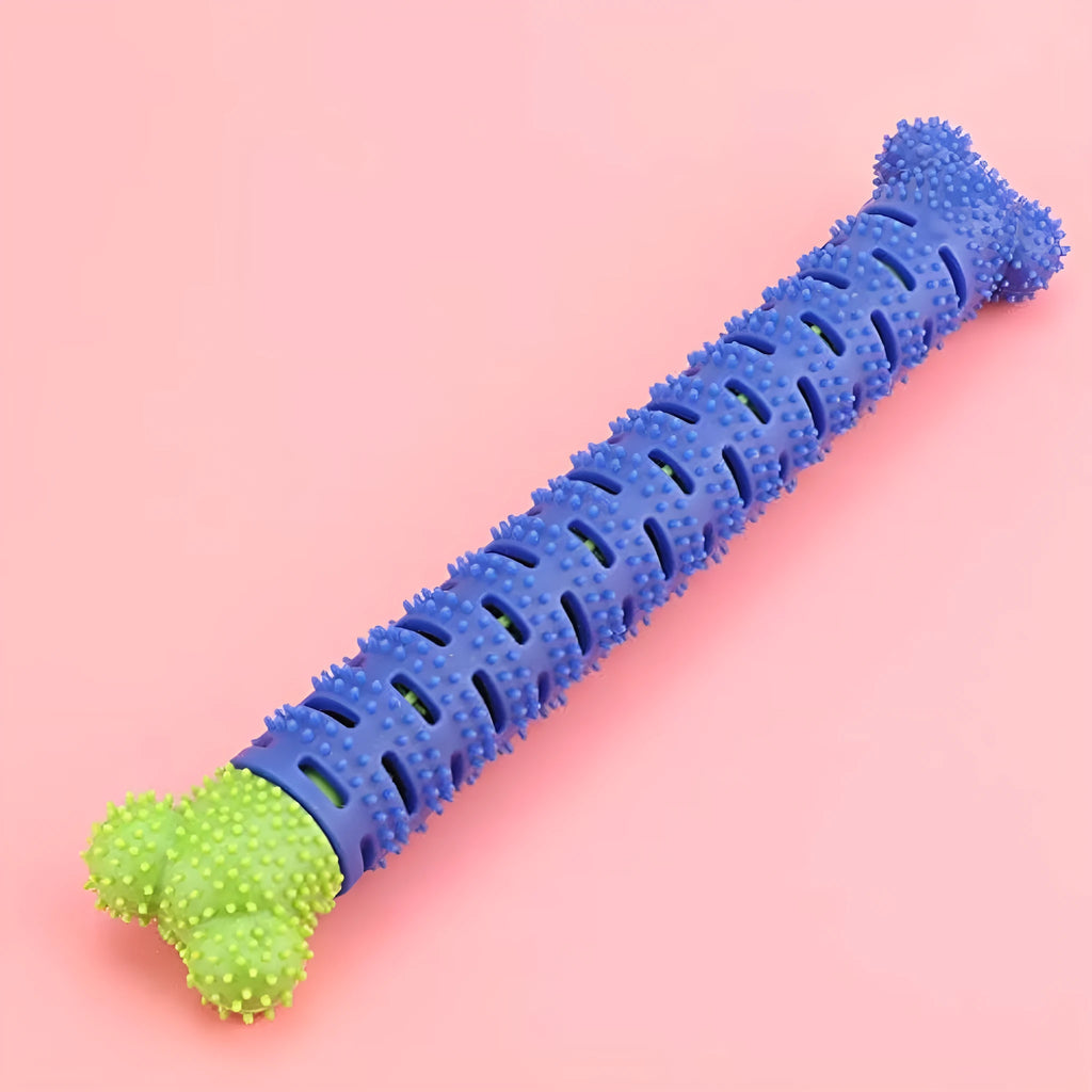 Blue green silicone dog toothbrush chew toy with brush head design measuring 25cm length