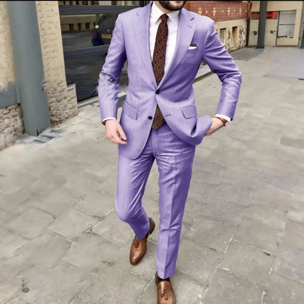 Men's slim fit two-button business suit in acetate fabric, shown in multiple colours with size chart.