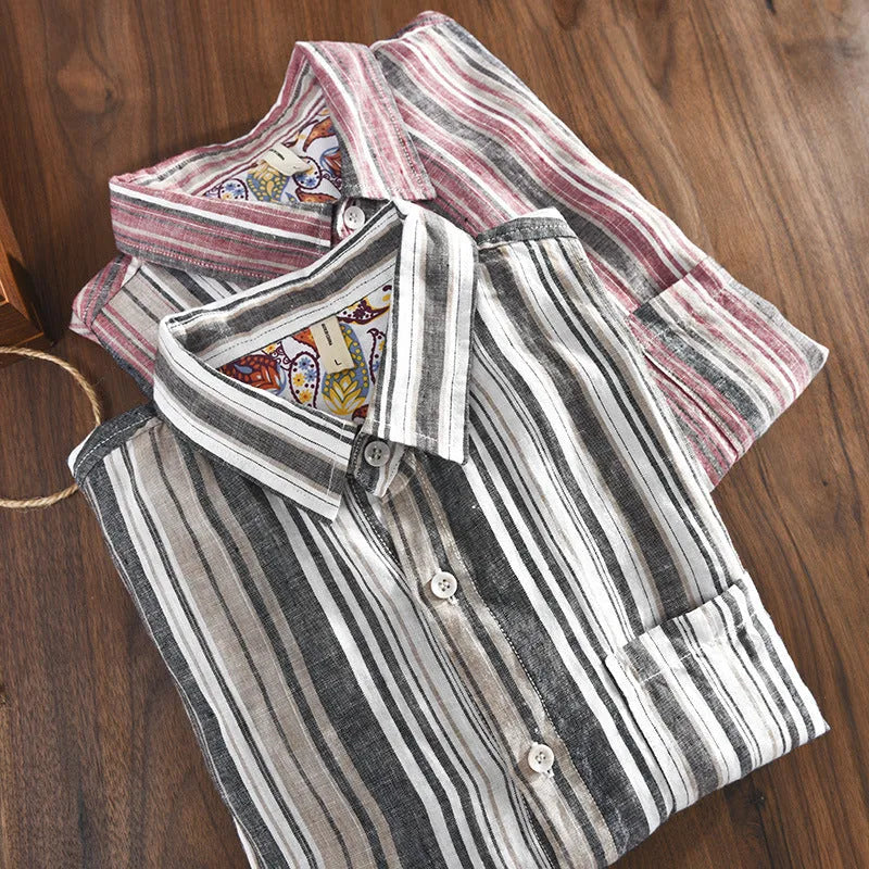 Men's striped linen casual shirt in red or grey with long sleeves and loose fit