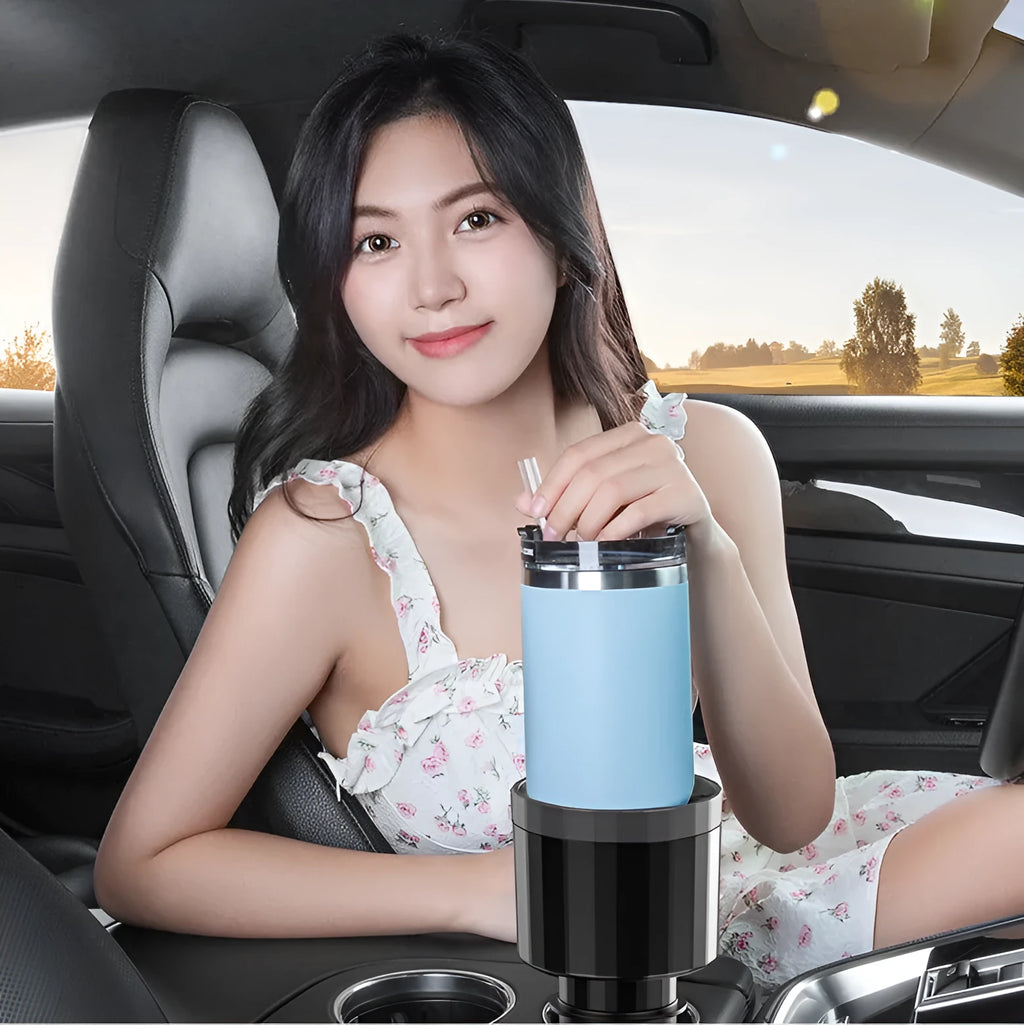 Matte black adjustable car cup holder expander for large bottles and thermoses.