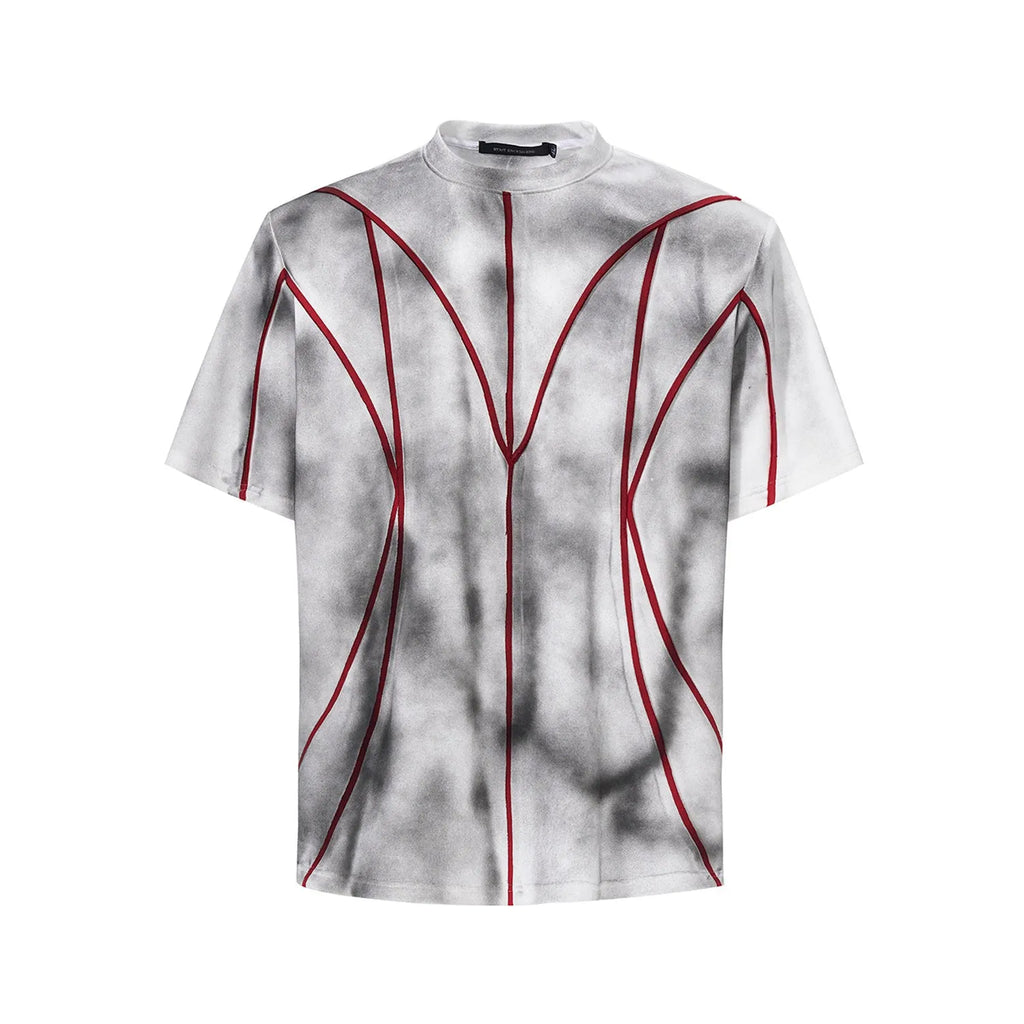 Women's padded shoulder short sleeve T-shirt with textured patchwork design on round neck top