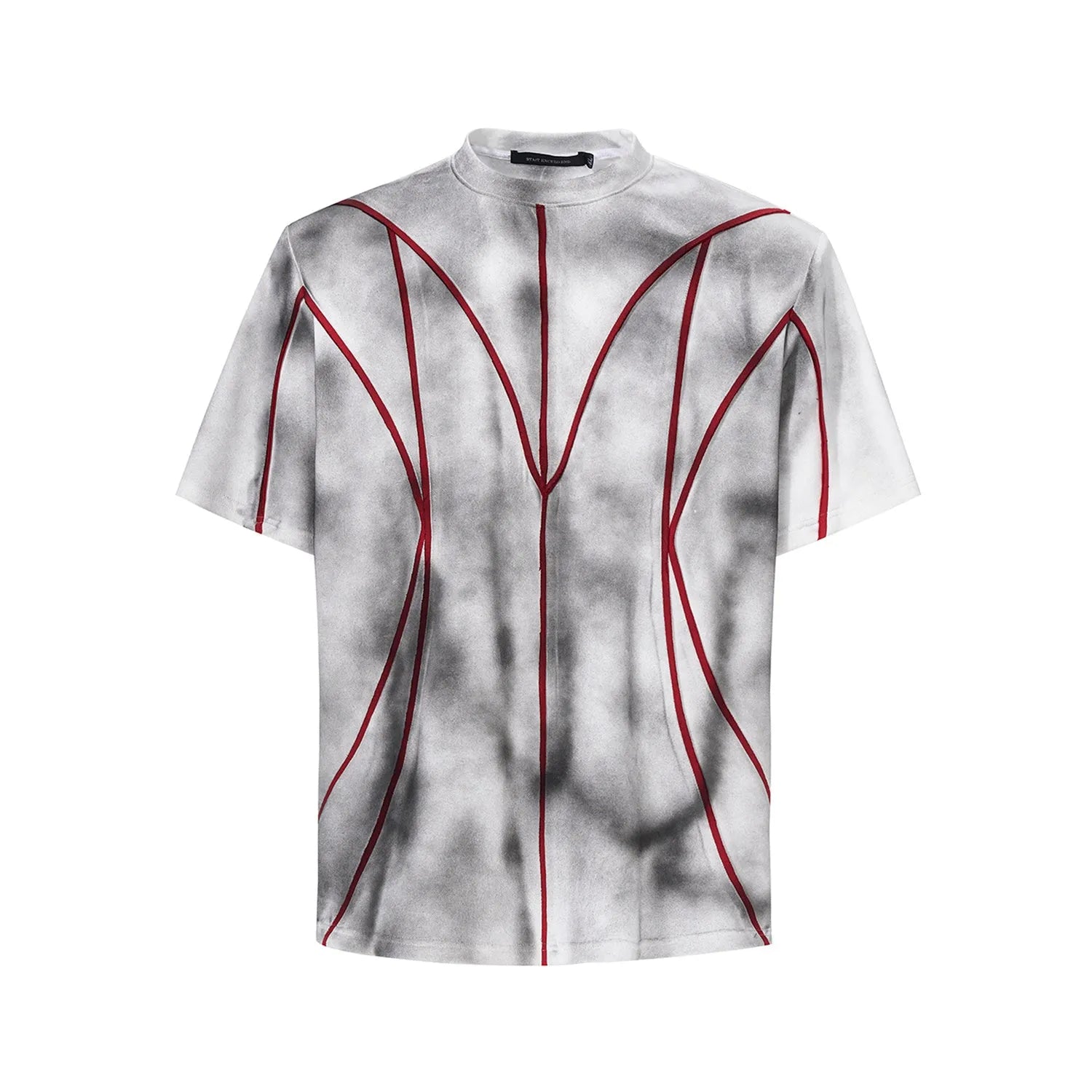 Women's padded shoulder short sleeve T-shirt with textured patchwork design on round neck top