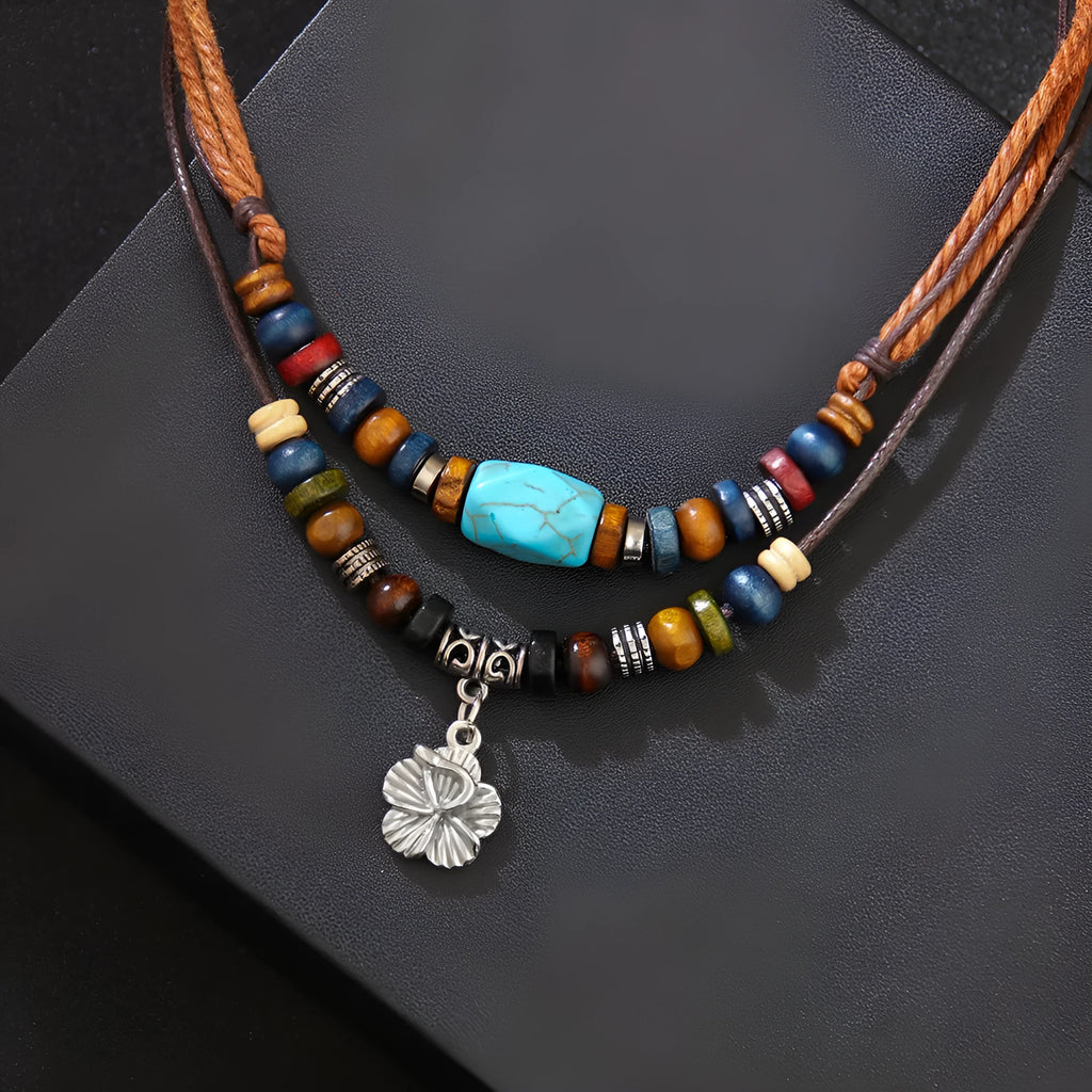 Men's wooden bead necklace with turquoise wax rope and geometric flower alloy pendant