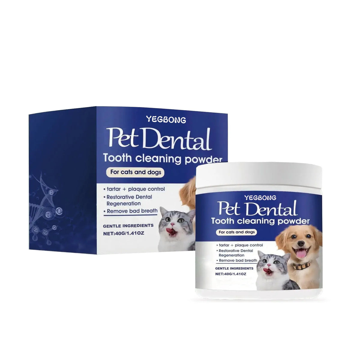 40g pet teeth cleaning powder in compact tub with green tea and peppermint extracts