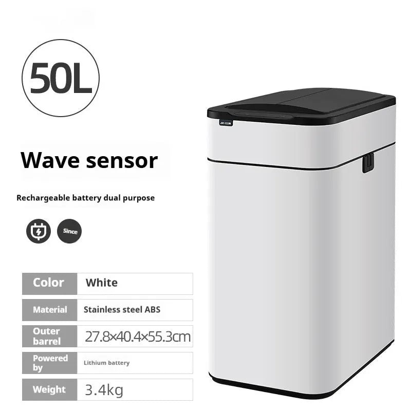 Stainless steel inductive smart trash can with square design on a kitchen floor.