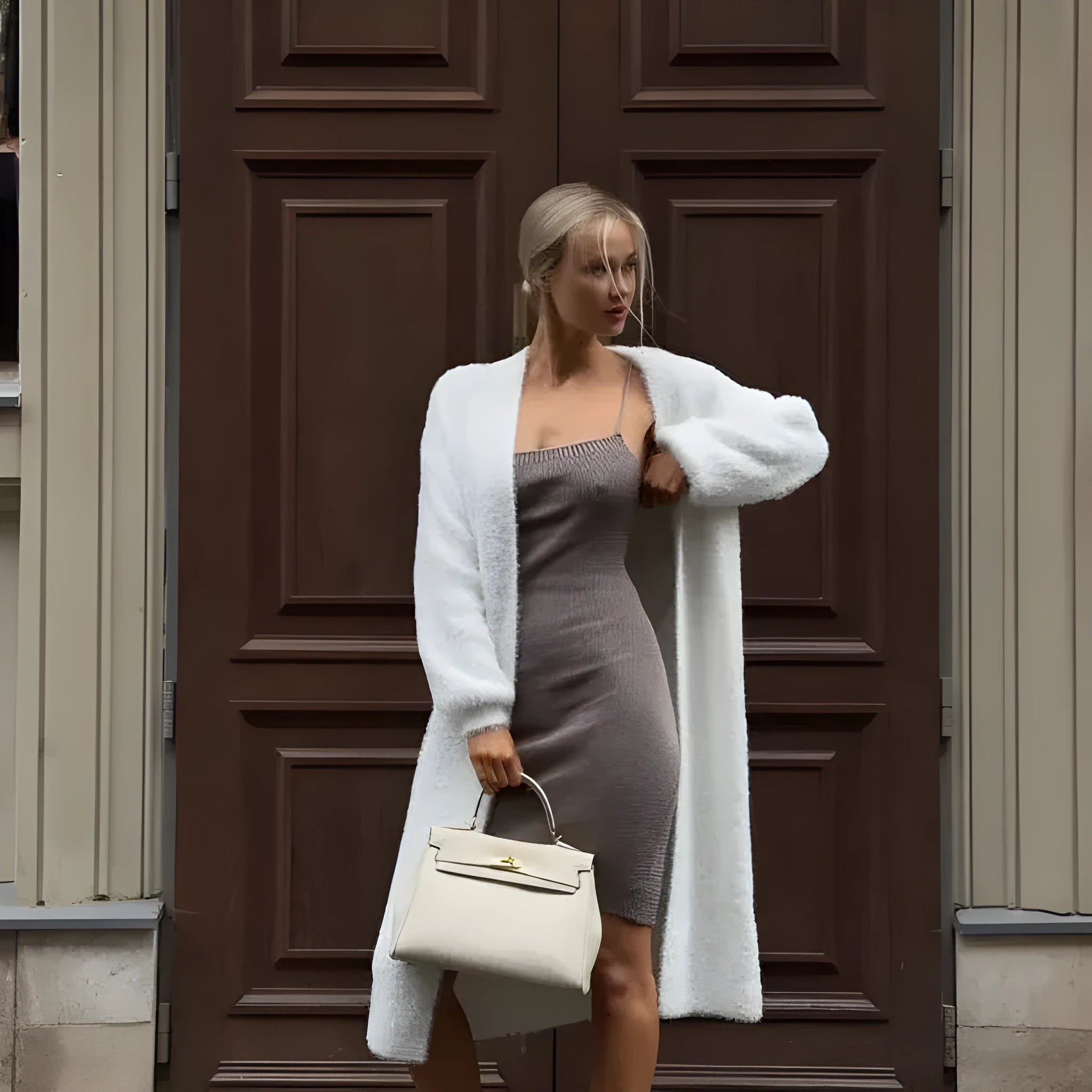 White long knitted cardigan jacket with loose fit and extended length