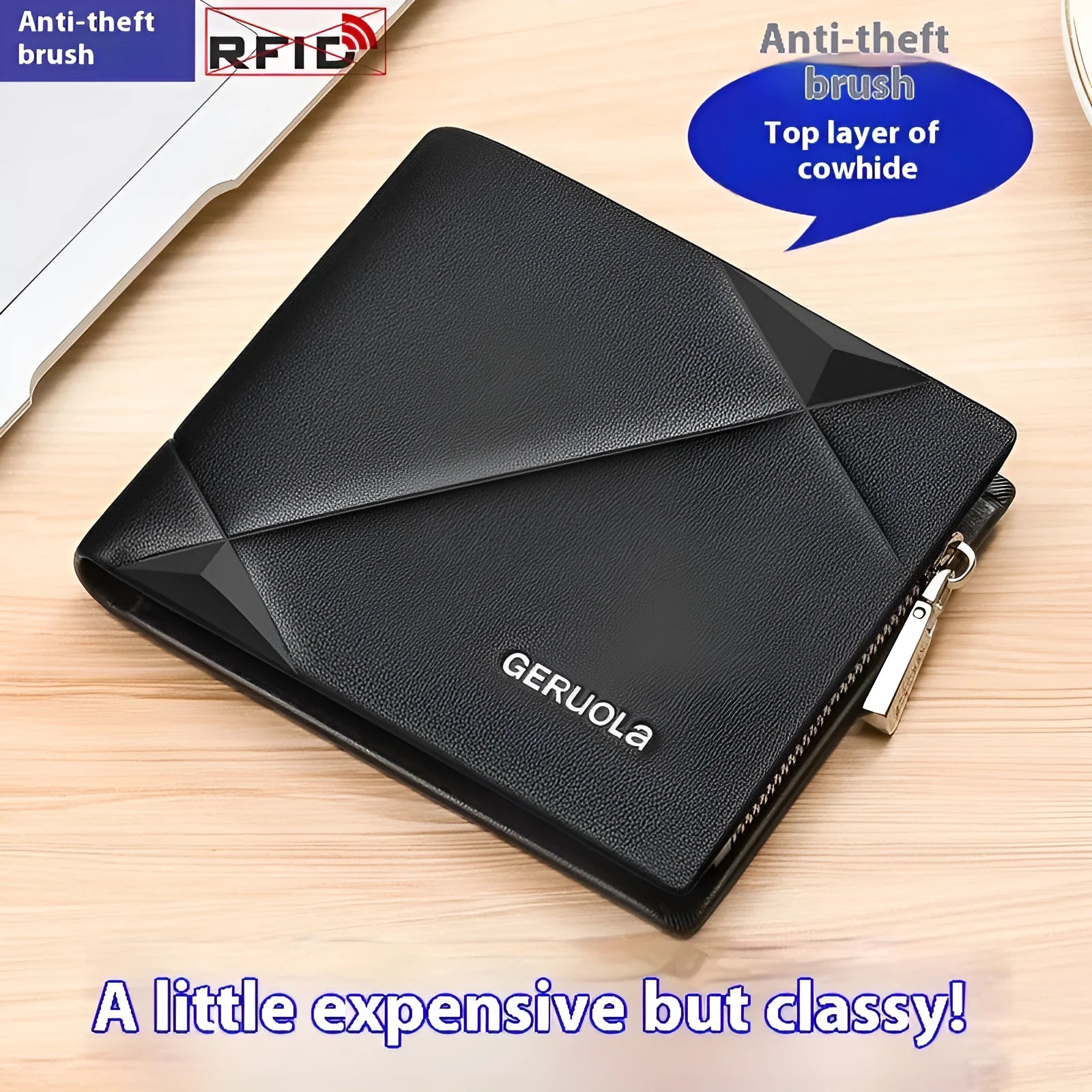 Men's brown leather wallet with rhombus pattern and zipper closure showing card slots