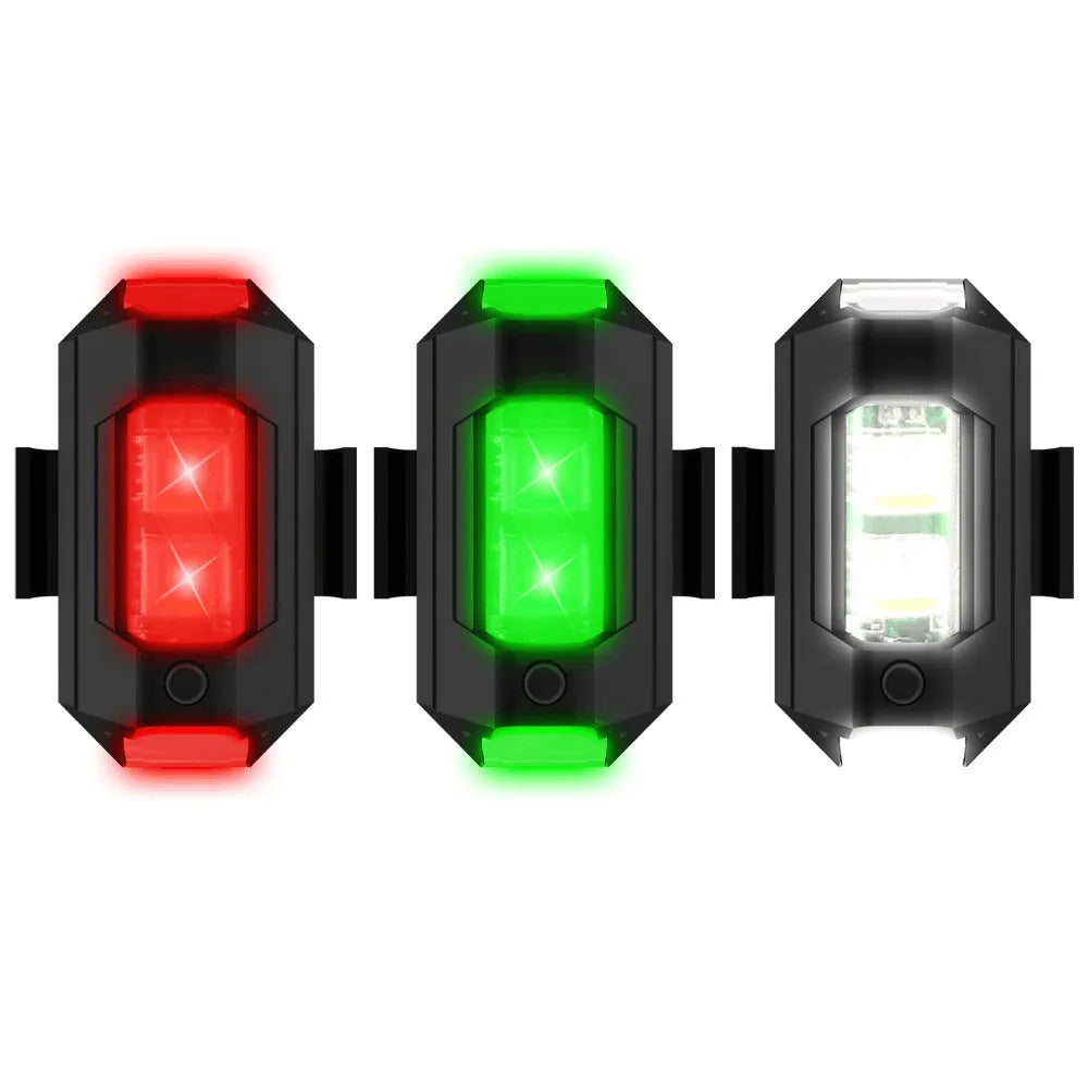 Drone strobe signal light showing 7 colour LED modes with mounting tapes and Type-C cable