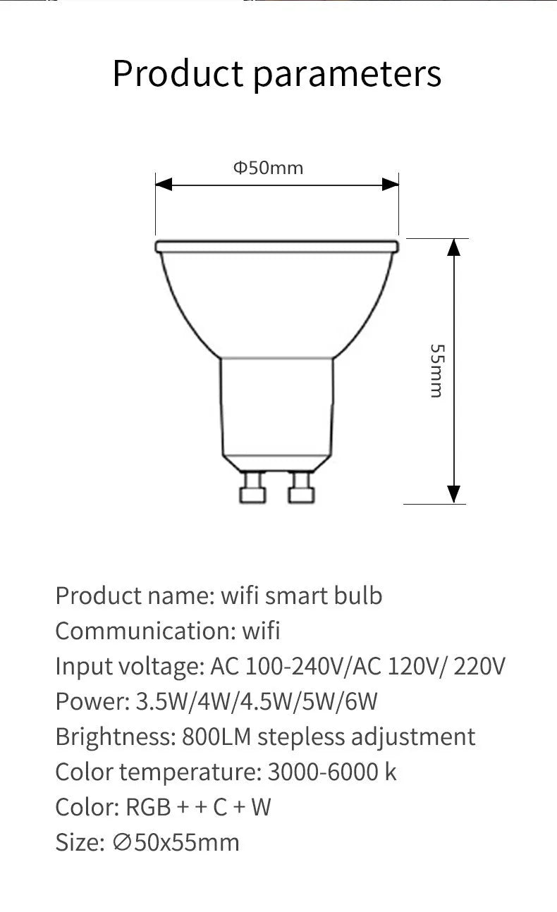 Smart GU10 RGBCCT LED spotlight with wifi control and compact 50mm diameter design