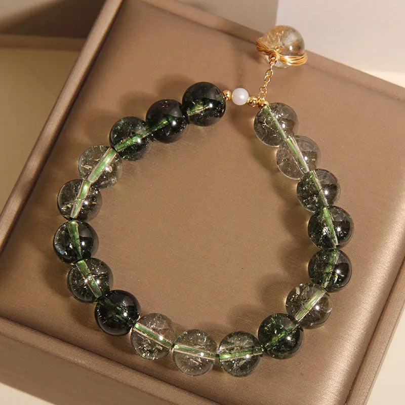 Green phantom quartz and chorite crystal bracelet for women with winding bead design