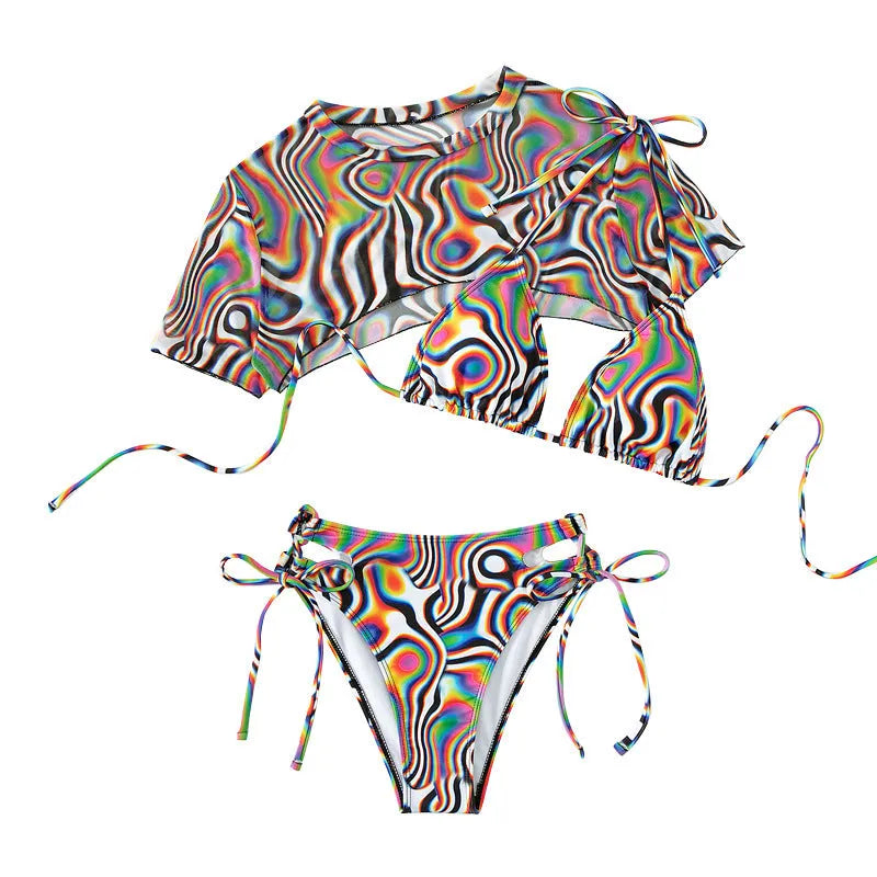 Women's colourful red rope mesh bikini swimsuit with bra top and panty bottoms on polyester fabric