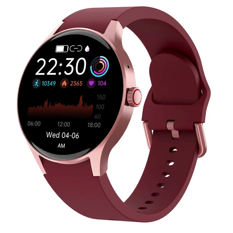 Smart Bluetooth sport watch with round display showing fitness metrics on wrist