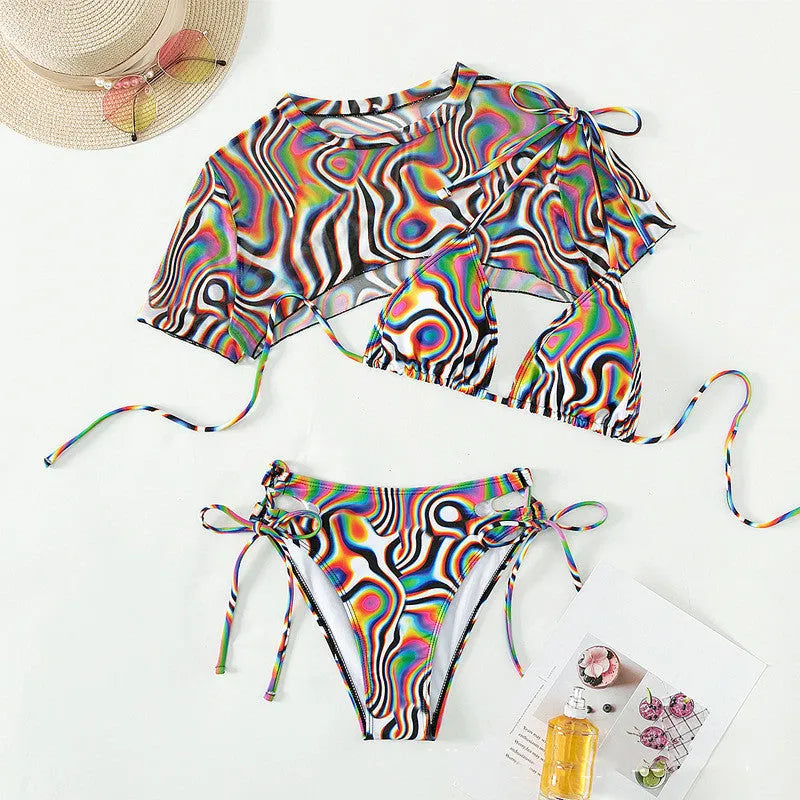 Women's colourful red rope mesh bikini swimsuit with bra top and panty bottoms on polyester fabric
