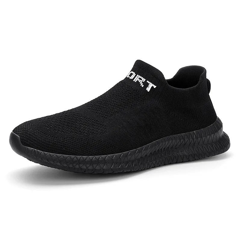 Men's breathable Flyknit casual shoe in blue, showing low-top flat heel design for hiking and leisure.