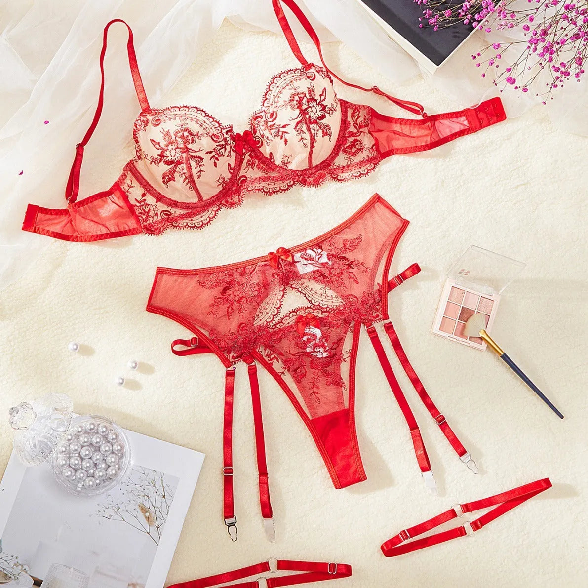 Women's embroidered see-through underwear set with cut-out design and lace-up garter straps
