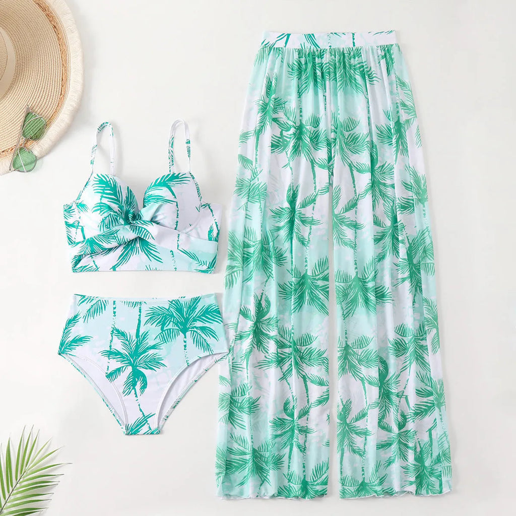 Women's printed bikini three-piece set in black with top and pants, polyester spandex swimwear