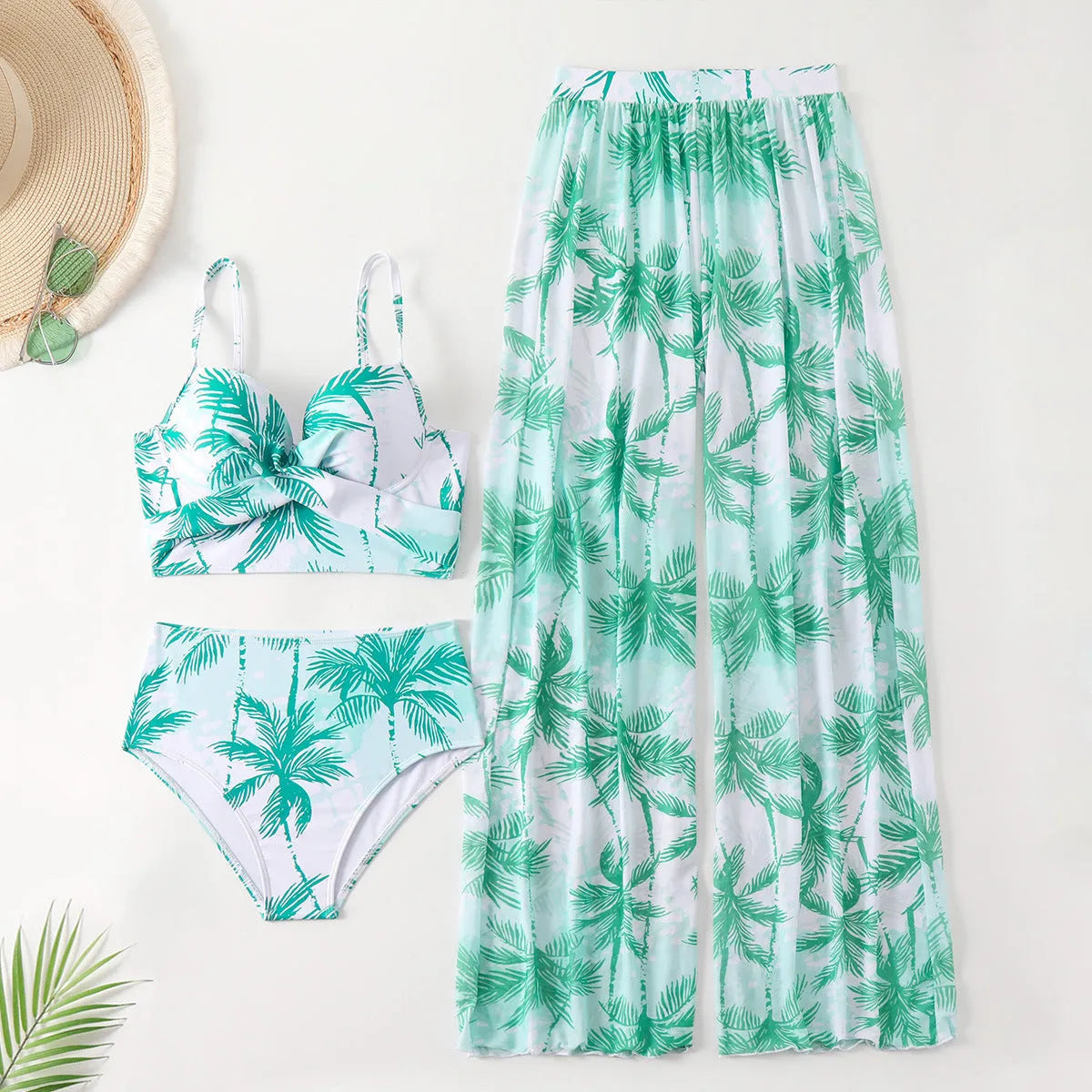 Women's printed bikini three-piece set in black with top and pants, polyester spandex swimwear