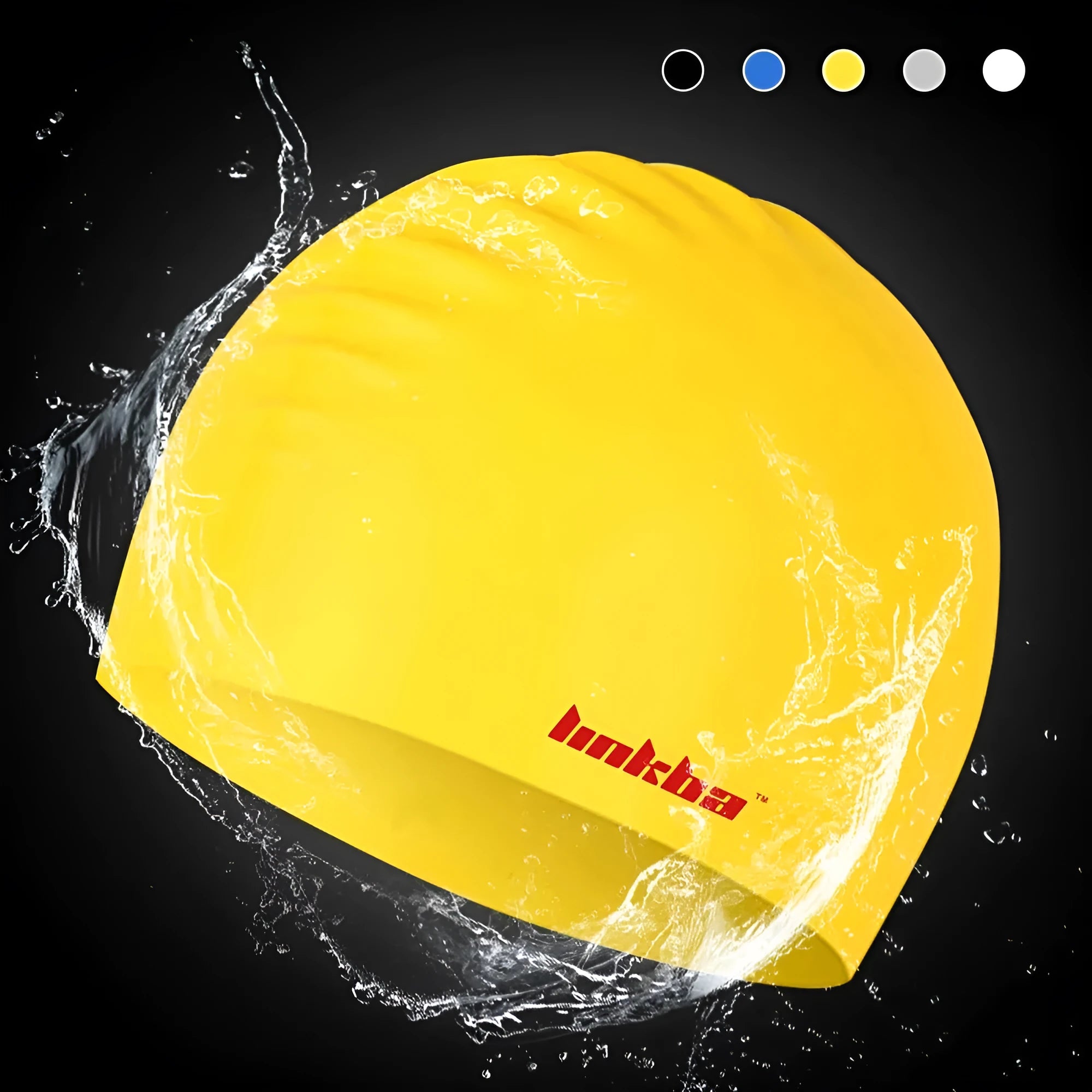 Silicone swimming cap in multiple colours including black, white, yellow, blue, and grey