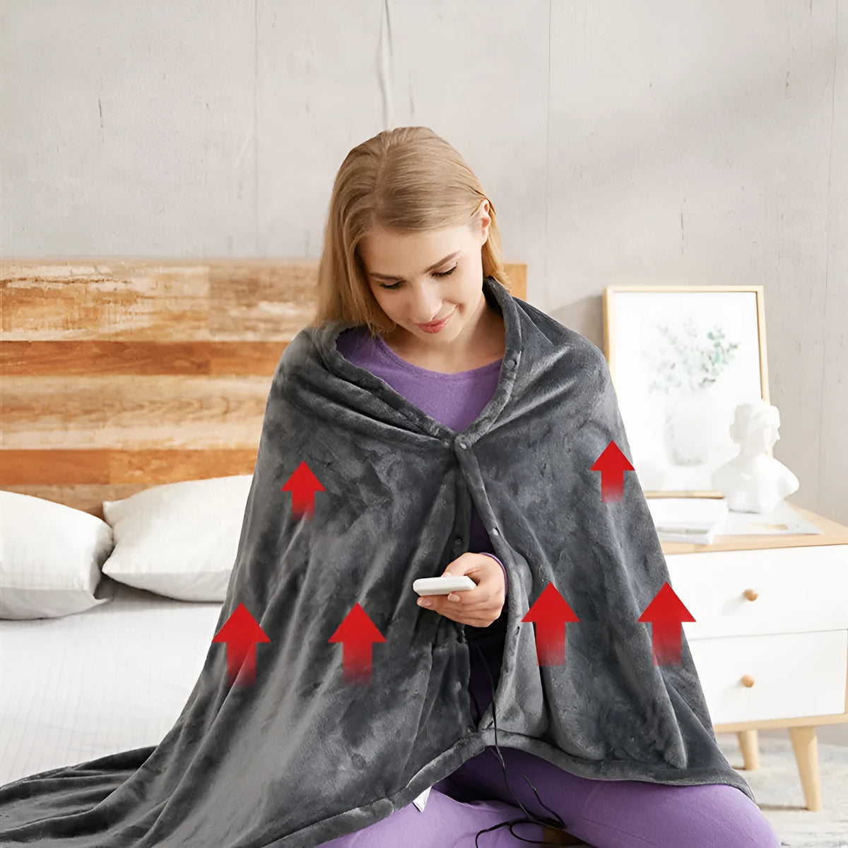 Dark grey USB heated blanket made of coral fleece with 8 carbon fibre heating sheets, 150x85cm size, lying flat on a surface