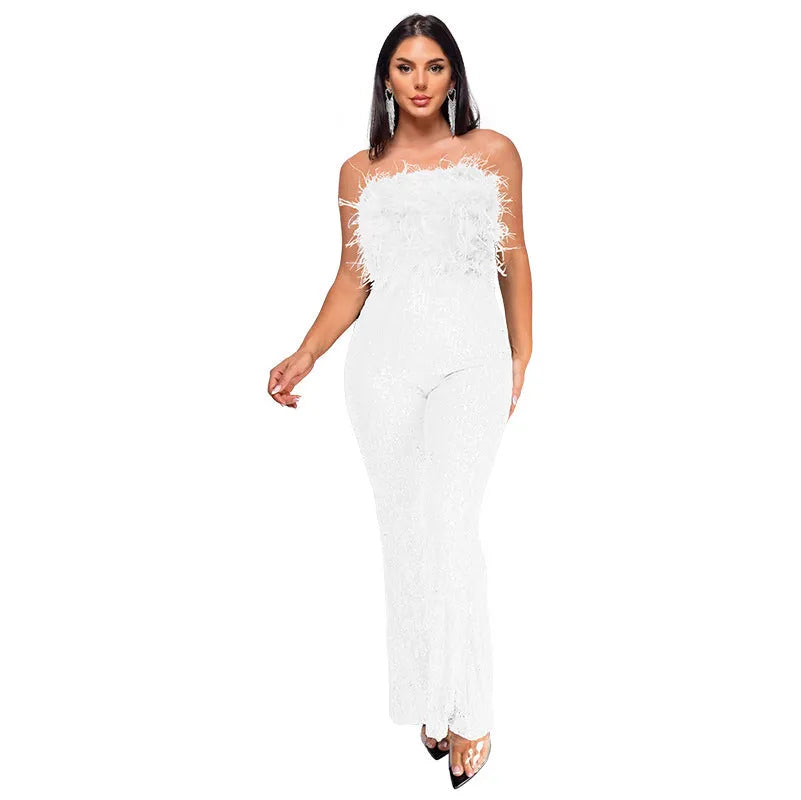 Women's sleeveless backless jumpsuit with flared legs and sequin detailing in champagne colour