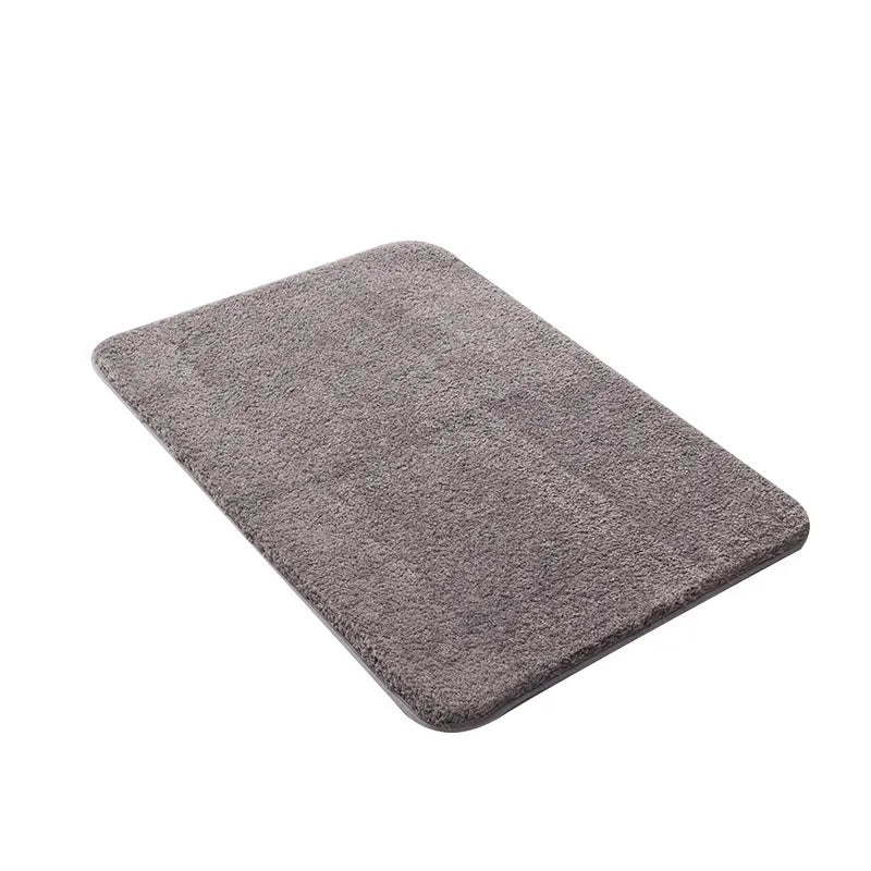 Absorbent plush square bathroom mat in dark gray, machine washable non-slip polyester floor carpet
