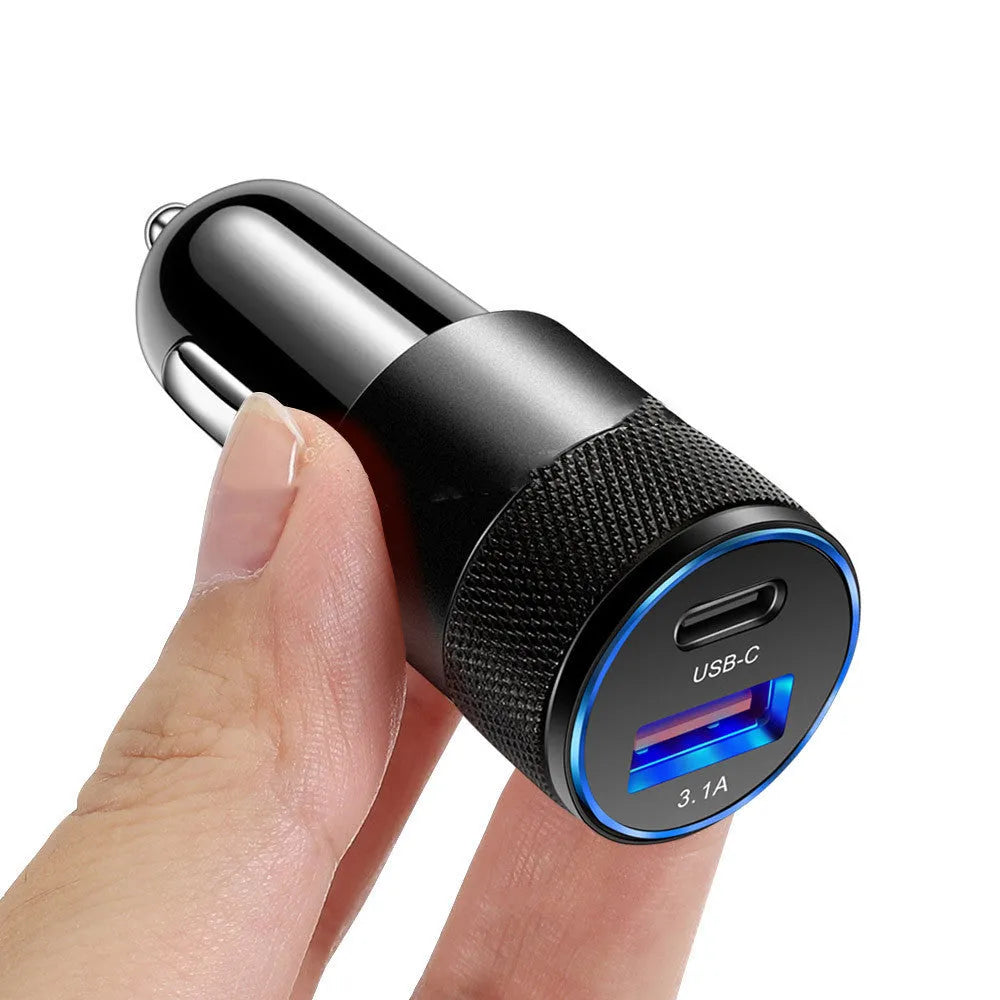 Aluminium alloy car phone charger with 12V input and compact 2.5 by 6cm dimensions