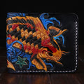 Men's carved leather short wallet in red, blue, or gold, showing open design and texture.