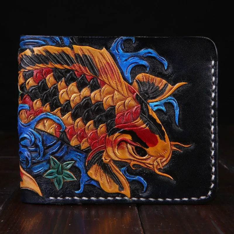 Men's carved leather short wallet in red, blue, or gold, showing open design and texture.
