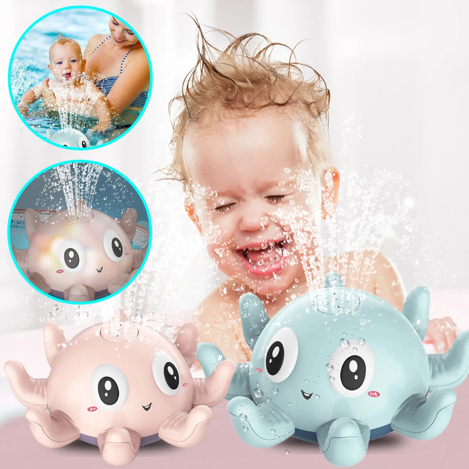 Blue or pink octopus-shaped bath toy that sprays water and flashes lights automatically