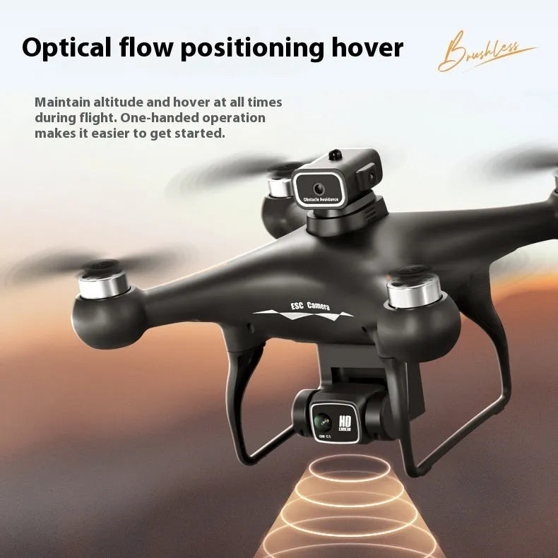 Black HD brushless motor UAV drone with four-side obstacle avoidance sensors and camera, remote control shown beside it.